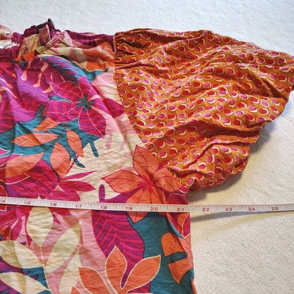 Ces Femme Shirt Blouse Floral Peasant Bright Colorful Puff Sleeves Tropical Sz L - Picture 7 of 8